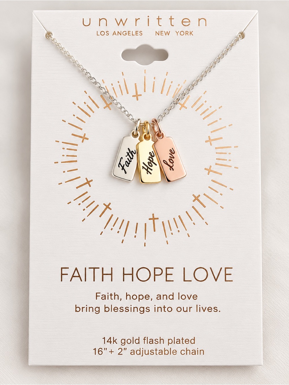 Tri-Tone Faith Hope Love Tag Necklace - Silver, Gold, Rose